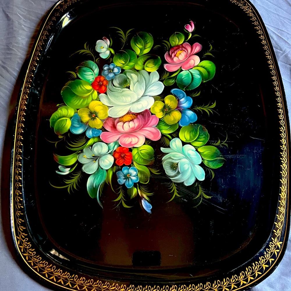 Vintage Large Hand painted Russian Metal tray.